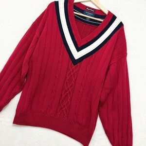 Vintage 90s Rugger Gant Cricket Sweater Unisex L Red Cable Knit Preppy V Neck